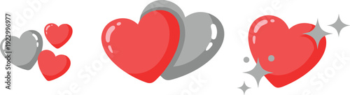 Three stylish hearts with varying designs and effects to symbolize love and affection isolated on transparent background, Vector