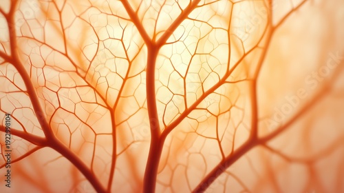A close-up view of delicate, vein-like structures resembling plant roots or organic forms, illuminated in warm hues.