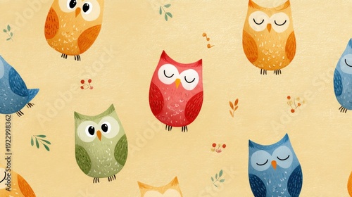 Colorful whimsical owl pattern seamless background