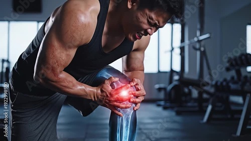 Athlete Experiencing Intense Knee Pain During Workout in Gym with X-ray Overlay Showing Injury
