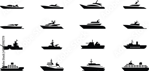 A set of boat silhouettes lined up on calm water at sunset