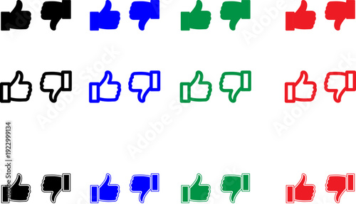Minimalist thumbs up and down icons in solid, outline, and mixed styles, available in multiple colors.
