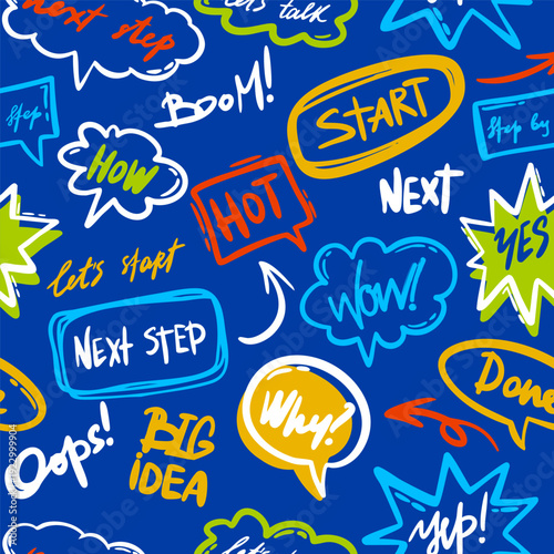 Sketch Style Stickers seamless pattern. Hand Drawn Doodle elements on blue background