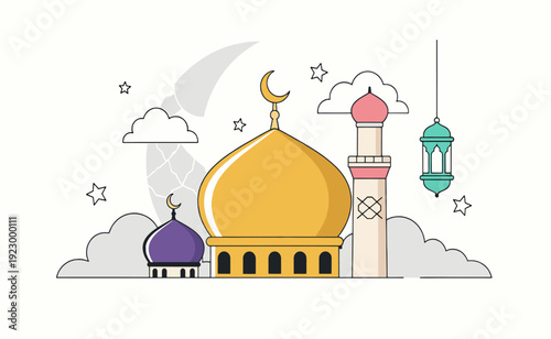 Islamic Mosque Dome and Minarets Illustration.