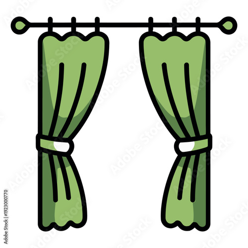 Green fabric window curtains are neatly tied back on a decorative curtain rod.