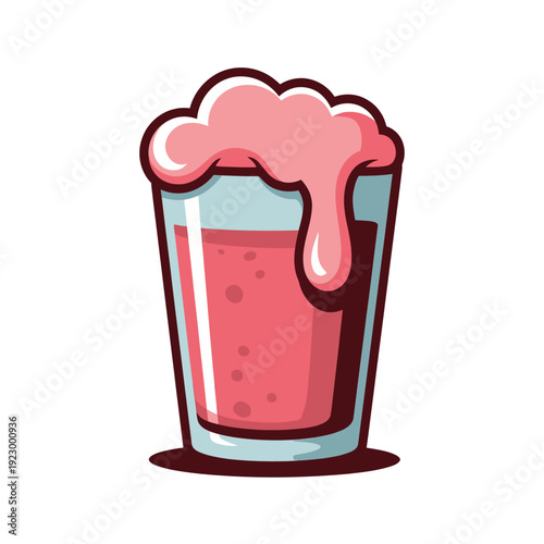 Tall glass filled with pink frothy beverage overflows with thick foam topping.