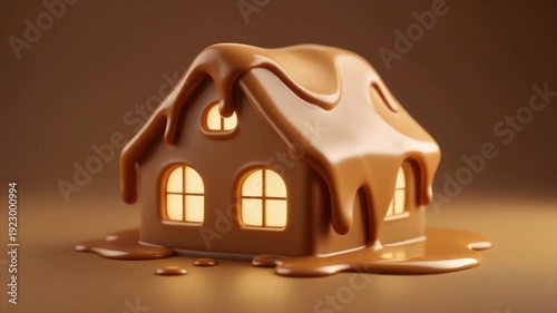 Whimsical Chocolate House Covered in Dripping Melted Chocolate with Glowing Windows home sweet