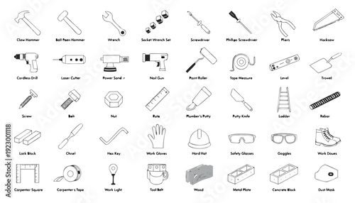 Assortment of Black and White Line for Construction and DIY Tools Including Hammers Drills... (34) d