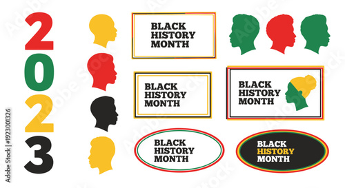 Black History Month 2023 Celebration Design with Diverse Human Profile Silhouettes and Colorful Frames