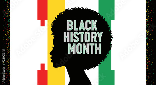 Black History Month Celebration Banner with Female Profile Silhouette and Pan african Colors Confetti