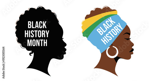 Profile of a Black Woman in a Vibrant Head Wrap with black History Text Symbolizing Cultural Celebration