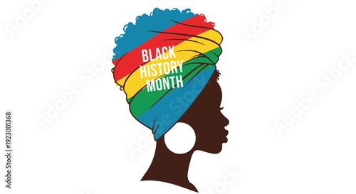 African Woman Profile with Vibrant Headwrap Featuring Black History Month Text and Earring