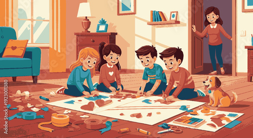 Family with children and dog engaging in puzzle activity on living room floor together