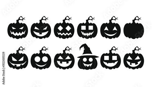 Collection of Black Halloween Pumpkin with Various Carved Faces and One Witch Hat Pumpkin des