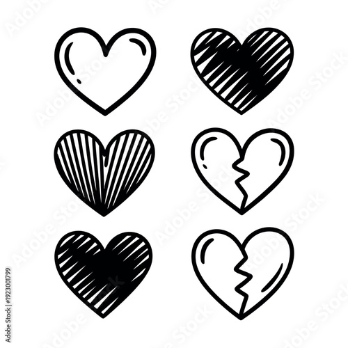 A set of hand-drawn hearts in various styles and emotions on a white background