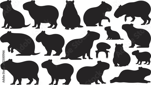 Capybara, silhouettes, collection, animals, wildlife, rodents, cute, poses, black, isolated, vector, illustration, set, nature, icons, clipart, exotic, mammal, shapes, fauna