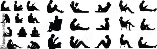 Collection, people, reading, book, silhouettes, sitting, poses, education, study, library, students, readers, learning, hobby, lifestyle, vector, illustration, isolated, black, icons