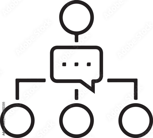 Hierarchical flowchart icon showing a central communication point branching to multiple components