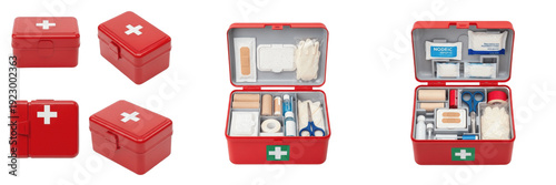 Set and collection of professional red emergency first aid kits including portable hard cases and open boxes with medical supplies isolated on white transparent png background
