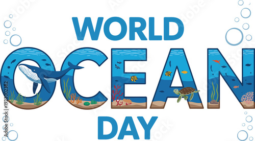 World Ocean Day text with underwater scene and animals and bubbles