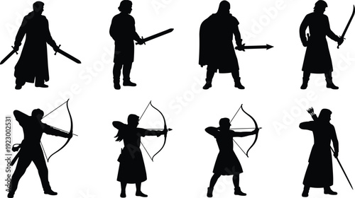 Flat vector illustration of medieval warrior silhouettes, sword fighters, archers, combat poses, fantasy battle concept, historical theme, heroic character design