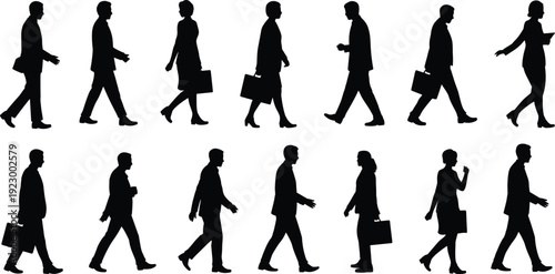 Flat vector illustration of professional businesspeople silhouettes, office workers walking, diverse poses, corporate attire, briefcases, modern workplace, lifestyle concept