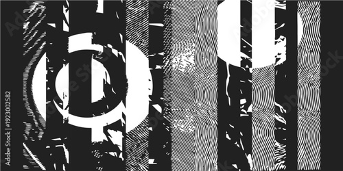 Abstract monochrome glitch art with circular element and vertical distorted stripes, representing digital noise and modern design.