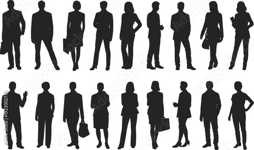 Flat vector illustration of professional businesspeople silhouettes, office workers, diverse poses, corporate attire, briefcases, documents, teamwork, modern workplace concept