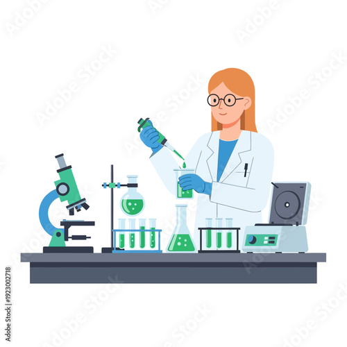 Scientist in lab coat conducting experiment with liquids and equipment