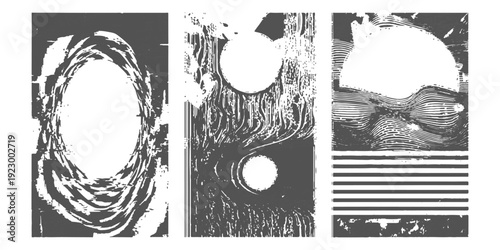Abstract distressed monochromatic graphic compositions with organic and geometric elements, vintage textured background illustrations