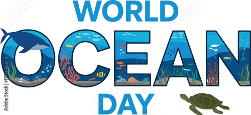World Ocean Day text with underwater scene and animals