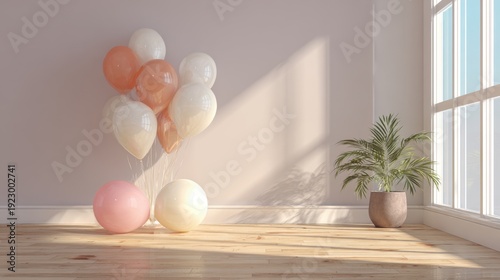 Peaceful interior scene with balloons and sunlight in minimalist room