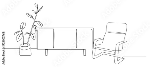 Continuous minimalist single line illustration, ideal for interior design branding, home decor prints, real estate marketing, furniture catalogs, etc.