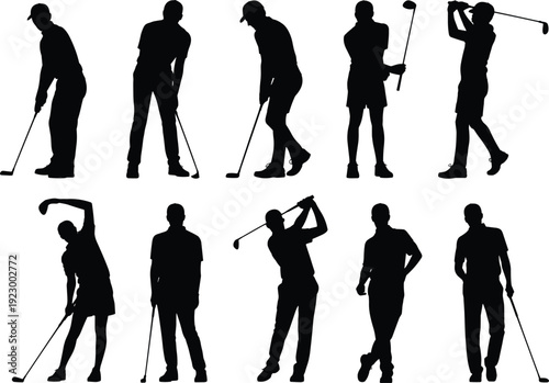 Golfers, silhouettes, collection, players, golf, swing, sport, athletes, clubs, putting, black, isolated, vector, illustration, set, hobby, leisure, outdoor, icons, game