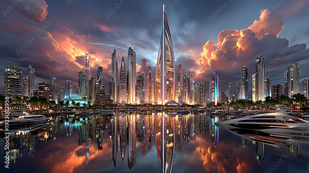 Fototapeta premium Fantasy futuristic metropolis skyline at night high resolution picture