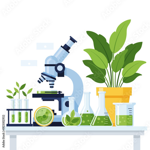 Science lab with microscope, test tubes, plants, and beakers for biology research