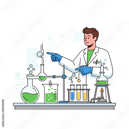 Scientist Conducting Chemical Experiment in Laboratory with Bubbling Flasks and Test Tubes