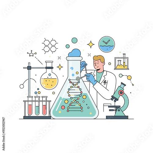 Scientist analyzing DNA helix in laboratory flask with microscope and test tubes