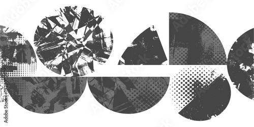 Monochromatic abstract geometric shapes with textured halftone and grunge effects vector illustration