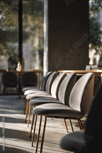 Elegant modern dining area with sunlit chairs and minimalist design elements