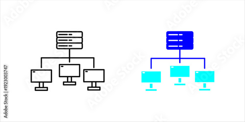 Line icon set. of a server connected to multiple computers, representing network infrastructure, data management, and system architecture.