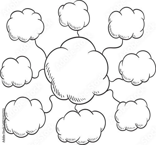 Cloud Network Diagram with Connected Nodes Hand Drawn Sketch Style Cloud Computing Concept Isolated on White Background