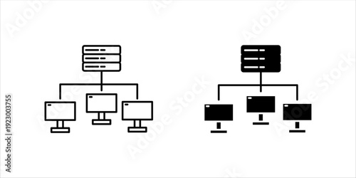 Line icon set. of a server connected to multiple computers, representing network infrastructure, data management, and system architecture.