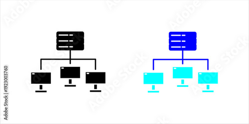 Line icon set. of a server connected to multiple computers, representing network infrastructure, data management, and system architecture.
