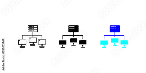 Line icon set. of a server connected to multiple computers, representing network infrastructure, data management, and system architecture.