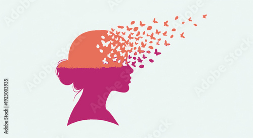 Woman's head with hearts flying out symbolizing freedom and happiness