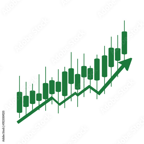 Green candlestick chart illustrates positive market momentum with an upward trending.