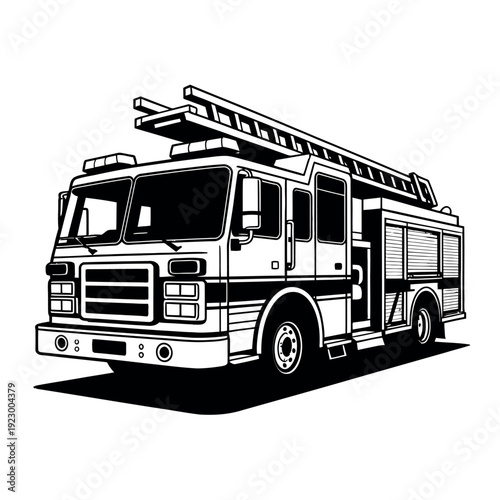 Fire truck illustration displays a classic emergency rescue vehicle with an aerial.
