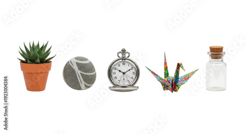 Assorted objects in minimalist style with soft natural lighting on white background for lifestyle advertising
