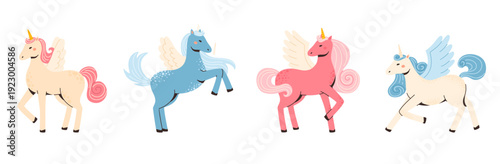 A set of fantasy pegasus unicorns. Magical horses with wings.